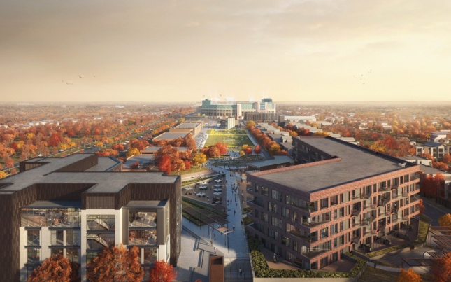 Rendering of the office building, left, and the brick apartment block, right, looking towards Lambeau Field. 