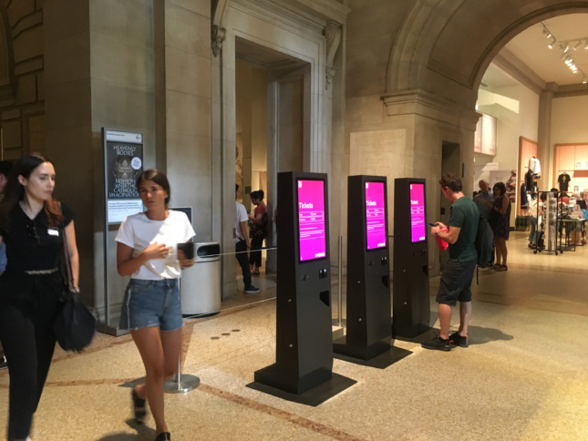 Designs for new interactive kiosks in the Met’s Great Hall that aim to seamlessly integrate new ticketing areas with the existing lobby spaces.
