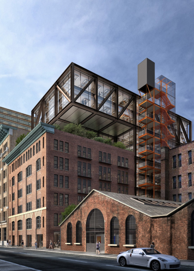 The double-height atrium being floated over the adjacent 549 West 26th Street building.