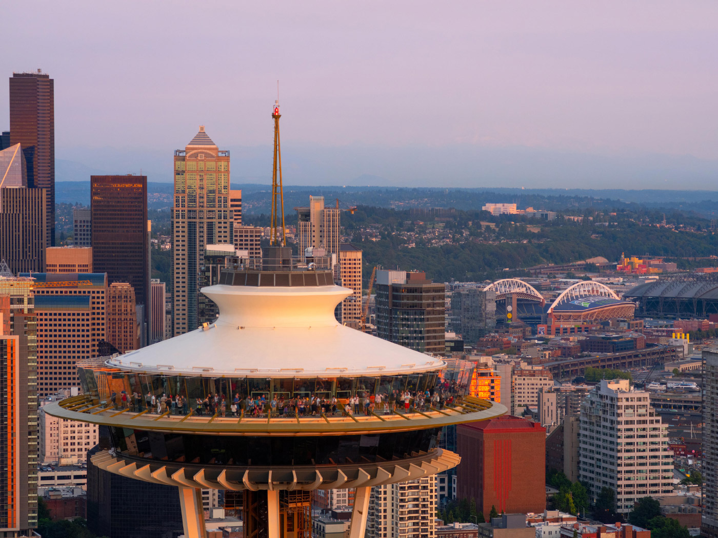 An aerial photo of the newly renovated Space Needle's Top House, handled by olson kundig
