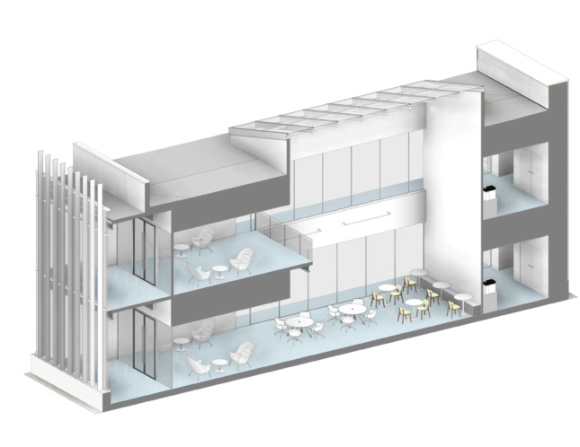 Axonometric diagram of the double-height central interior atriums.