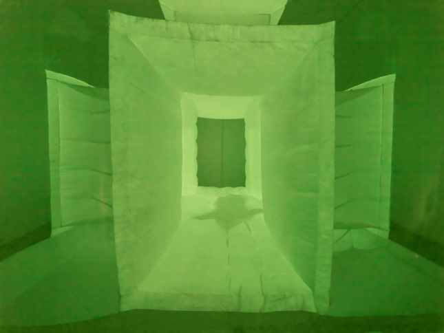 Roomograph features an interior covered in furry white photosensitive fabric that invites visitors in. In the dark, a “shadowy trace” of the occupants can be seen through transparent fabric enveloping the exterior.