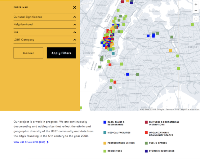 Screenshot of the NYC LGBT Historic Sites Project interactive map