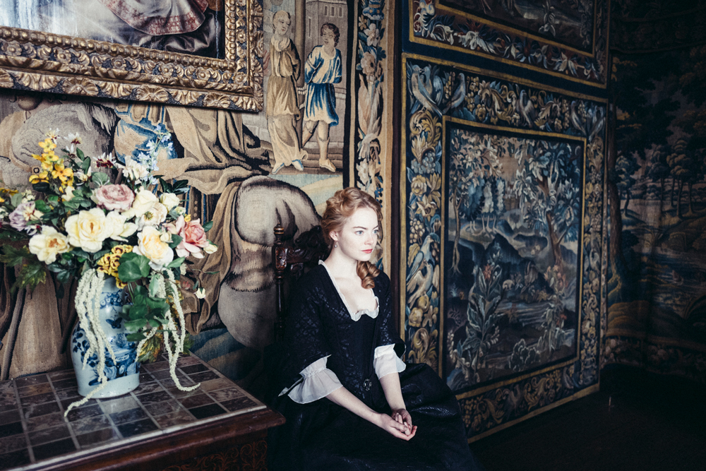 Production still from The Favourite with Emma Stone and directed by Yorgos Lanthimos