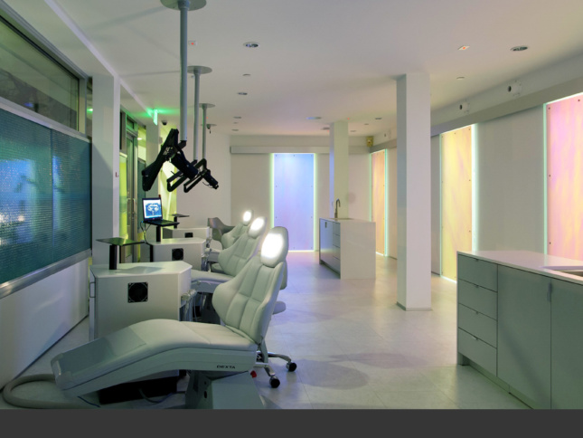 The prismatic panels in Santa Monica Orthodontics changes color with the changing of natural light.