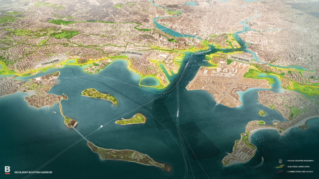 A map of a future Boston Harbor and key.
