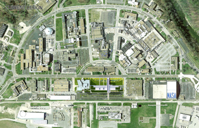 An aerial rendering of the entire John H. Glenn Research Center, complete with the new building and Wright Commons.