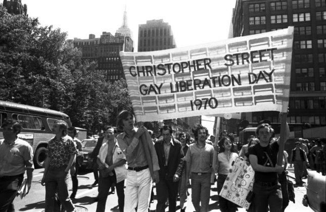 Protesters holding Christopher Street Liberation Day banner, 1970