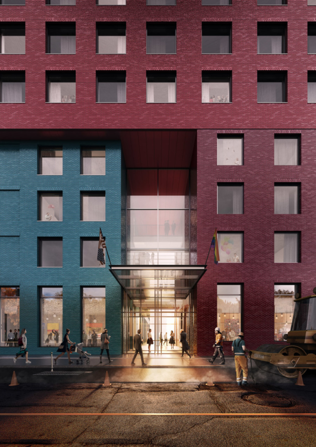 Rendering of the building's main entrance at street level.