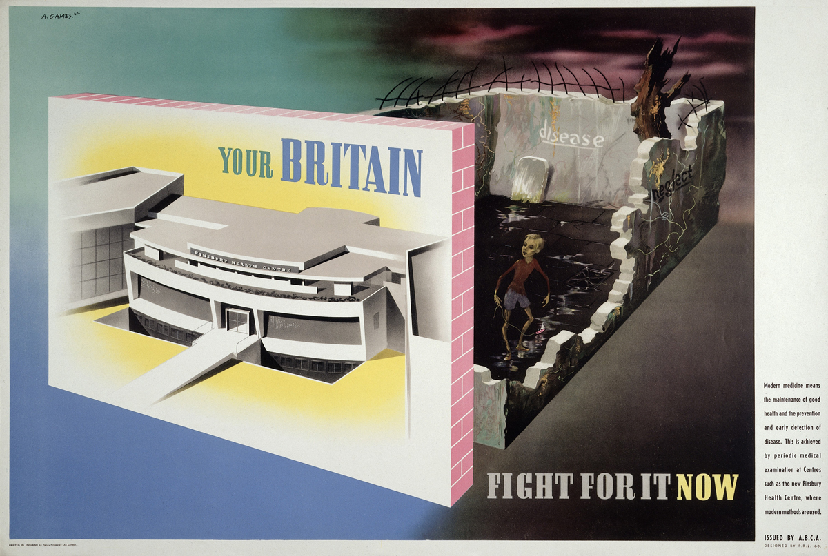 Image of poster by Abram Games titled Your Britain: Fight for it now Medical facilities available at a modern health centre contrasted with ill health in old-fashioned housing