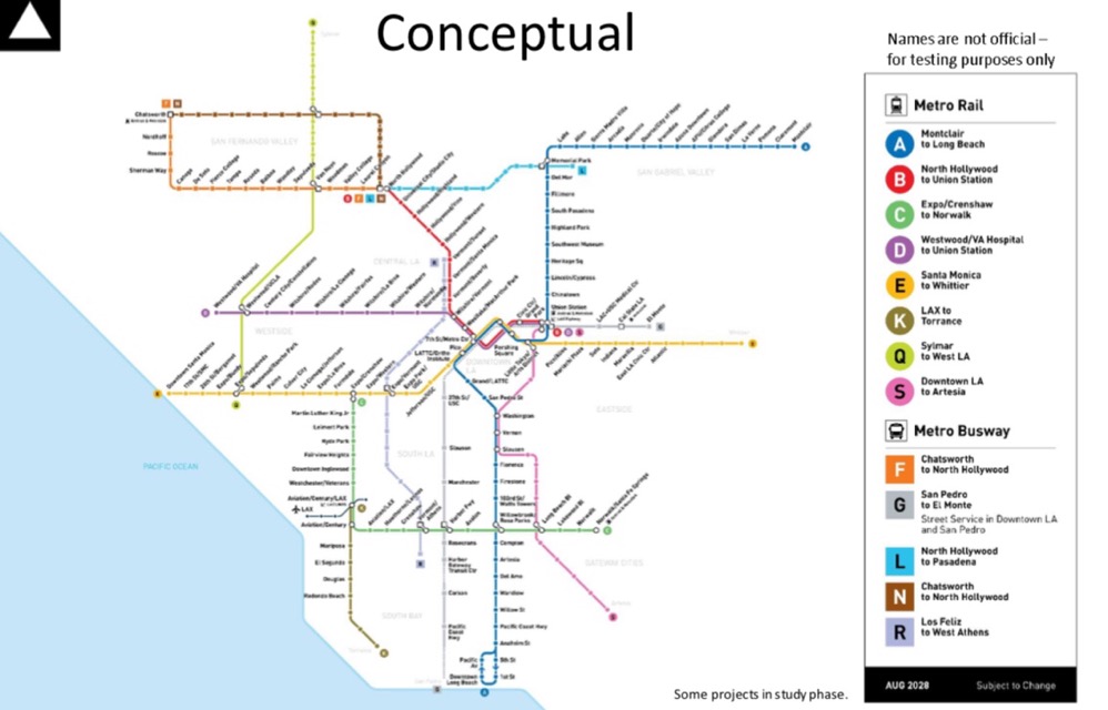 Diagram of proposal to rename Los Angeles's Metro lines