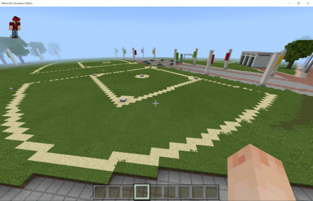 Screenshot of a player navigating the Minecraft model of Microsoft's Redmond campus