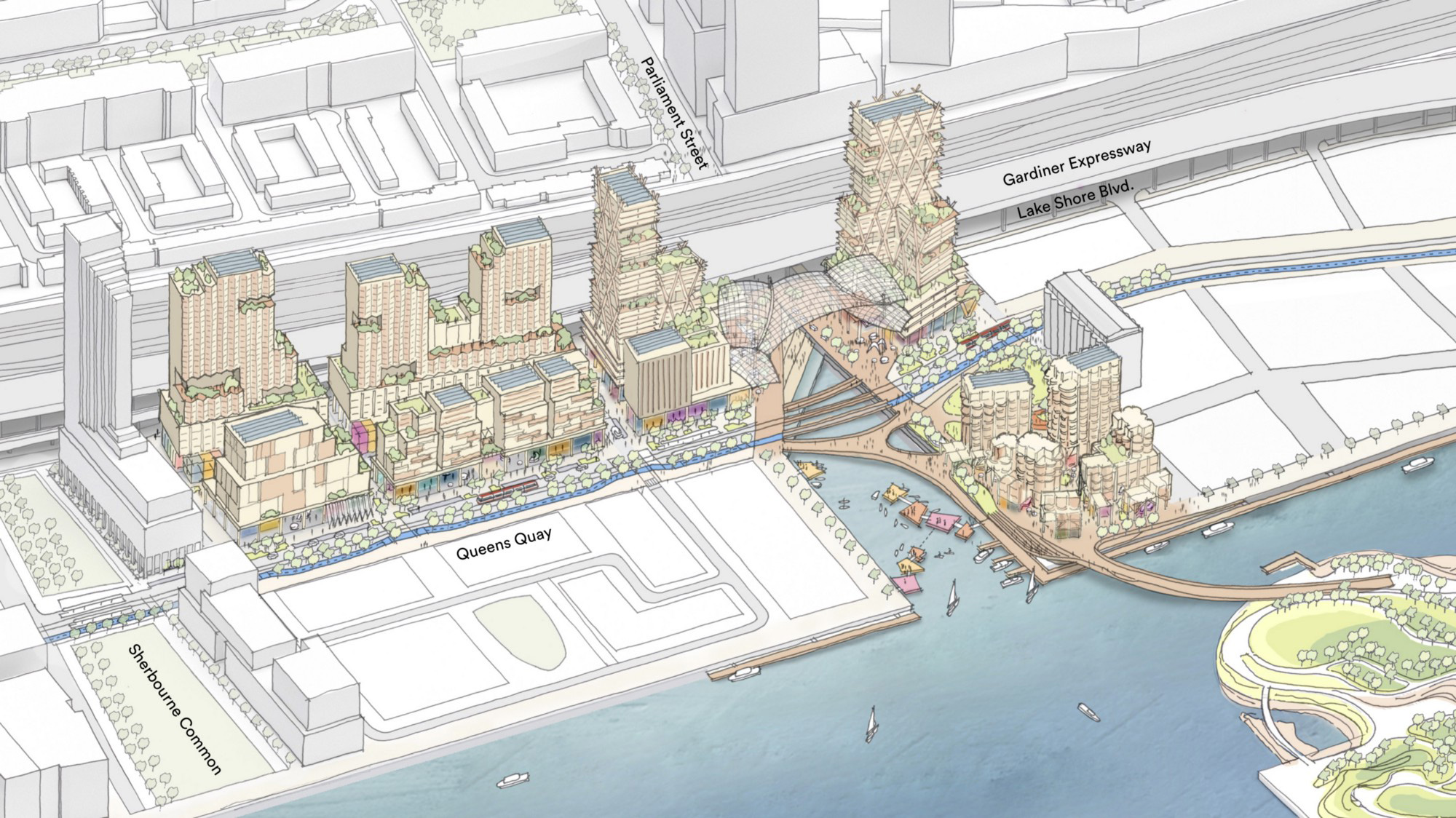 A diagram of the 12 timber towers and improved waterfront access Sidewalk Labs is proposing.