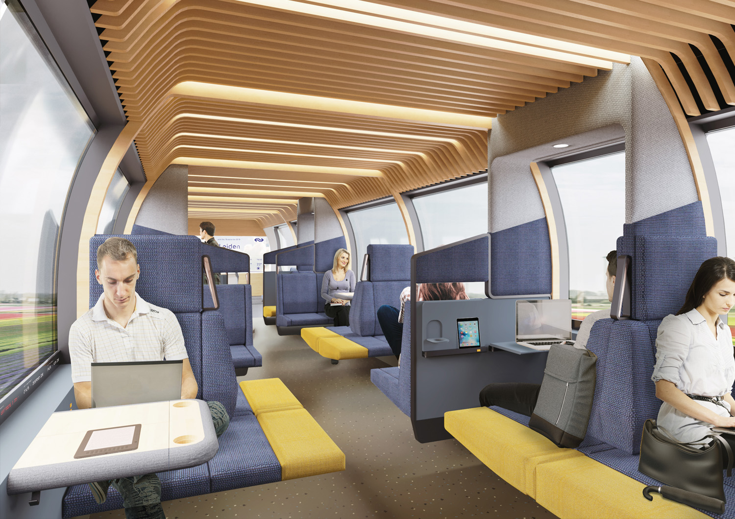 Rendering of the Dutch National Railway Company train concept designed by Mecanoo and Gispen