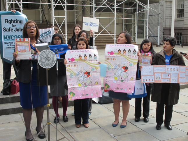 Photo of Adhikaar launches the Making Policy Public project Healthy Salons for All, at an April 2015 press conference with NY Healthy Nail Salons Coalition and Public Advocate Letitia James
