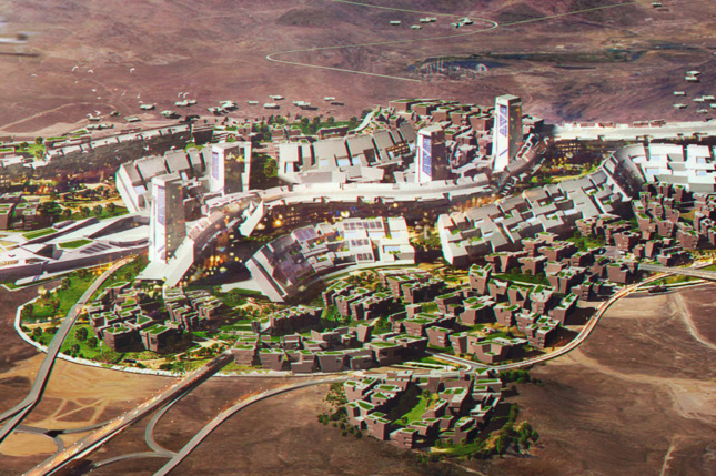 A rendering of Blockchains smart city in storey county nevada designed by Tom Wiscombe 