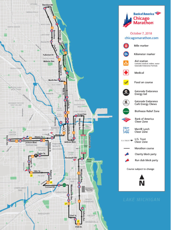 Map of the 2018 Chicago Marathon (Courtesy Bank of American Chicago Marathon)