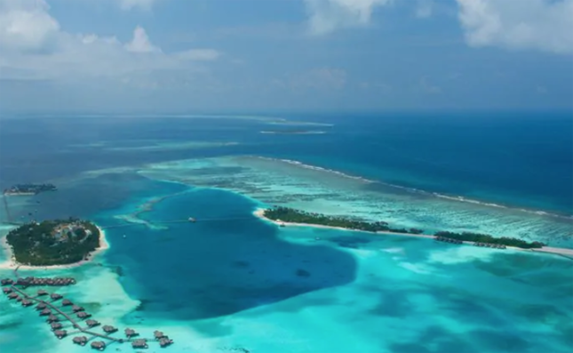 Aerial photo of The Conrad Maldives Rangali Island underwater hotel