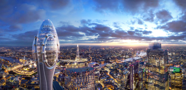 Rendering of The Tulip next to Central London's skyscrapers
