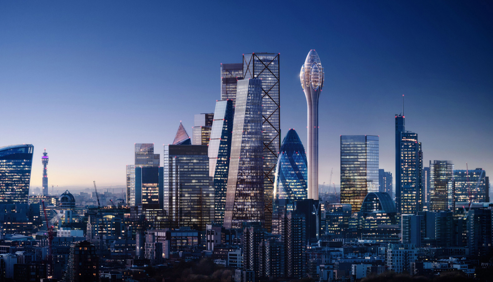 Rendering of The Tulip next to Central London's skyscrapers