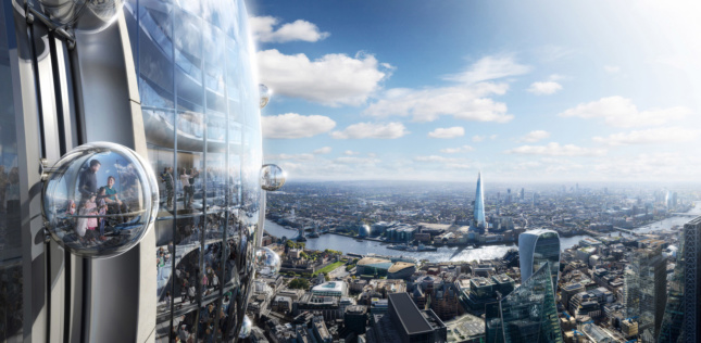 Thrill seekers can ride in glass pods around the building's exterior.