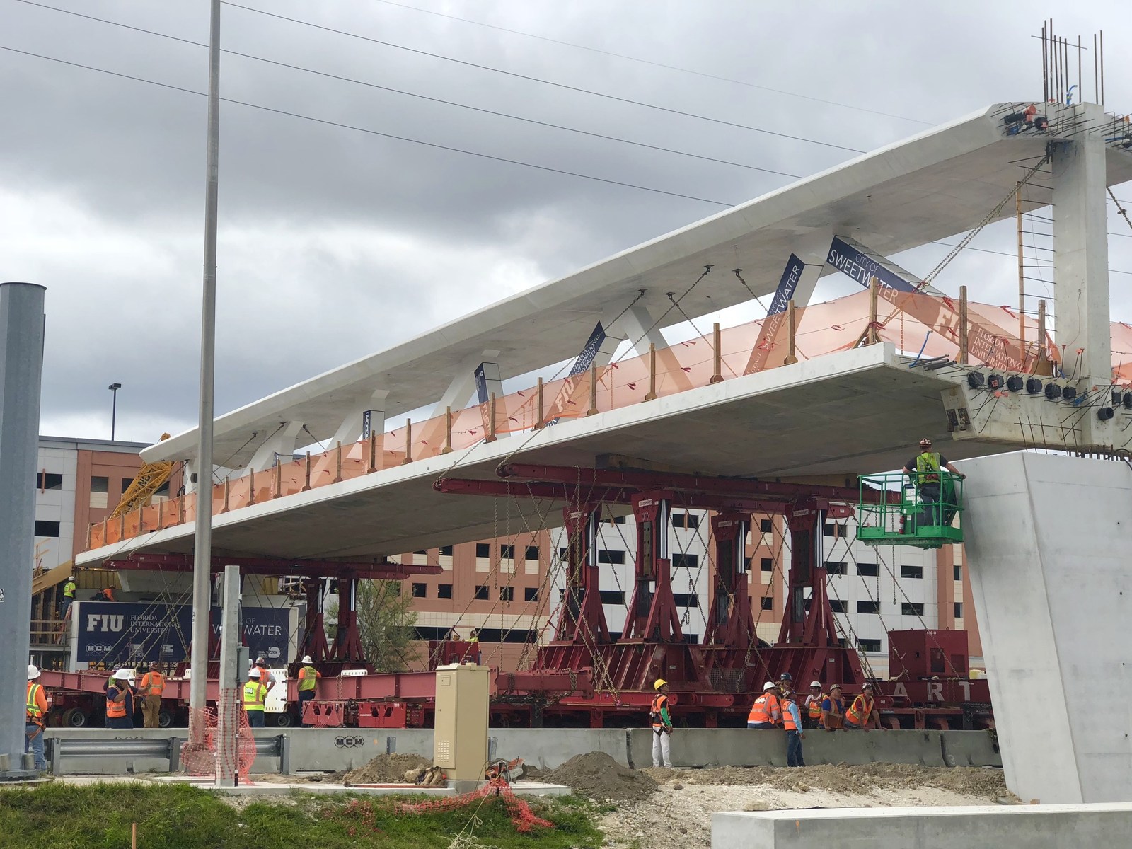 Photo of the Florida International University (FIU) pedestrian bridge under construction