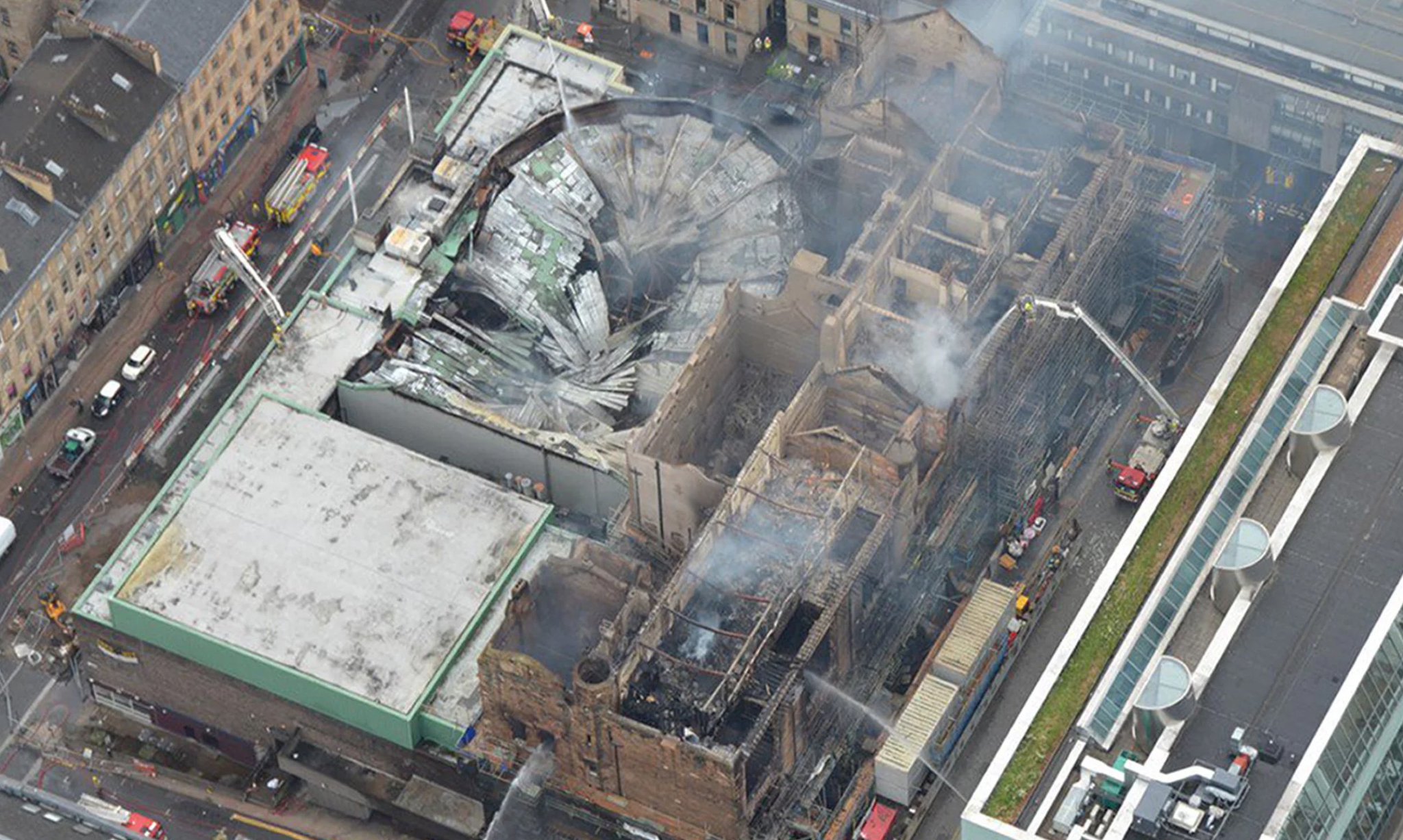 Aerial photo of the Mackintosh Building fire in June of 2018