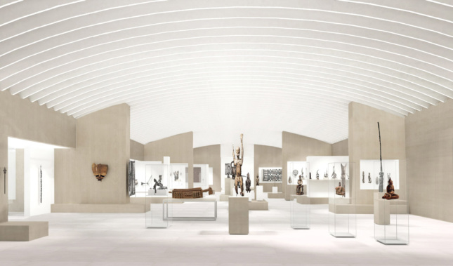 White "ribs" on the ceiling will help muffle sound as well as direct the "flow" of each gallery.