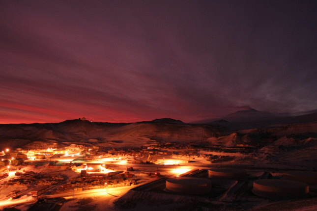 McMurdo Station during the winter, when the sun never rises above the horizon.