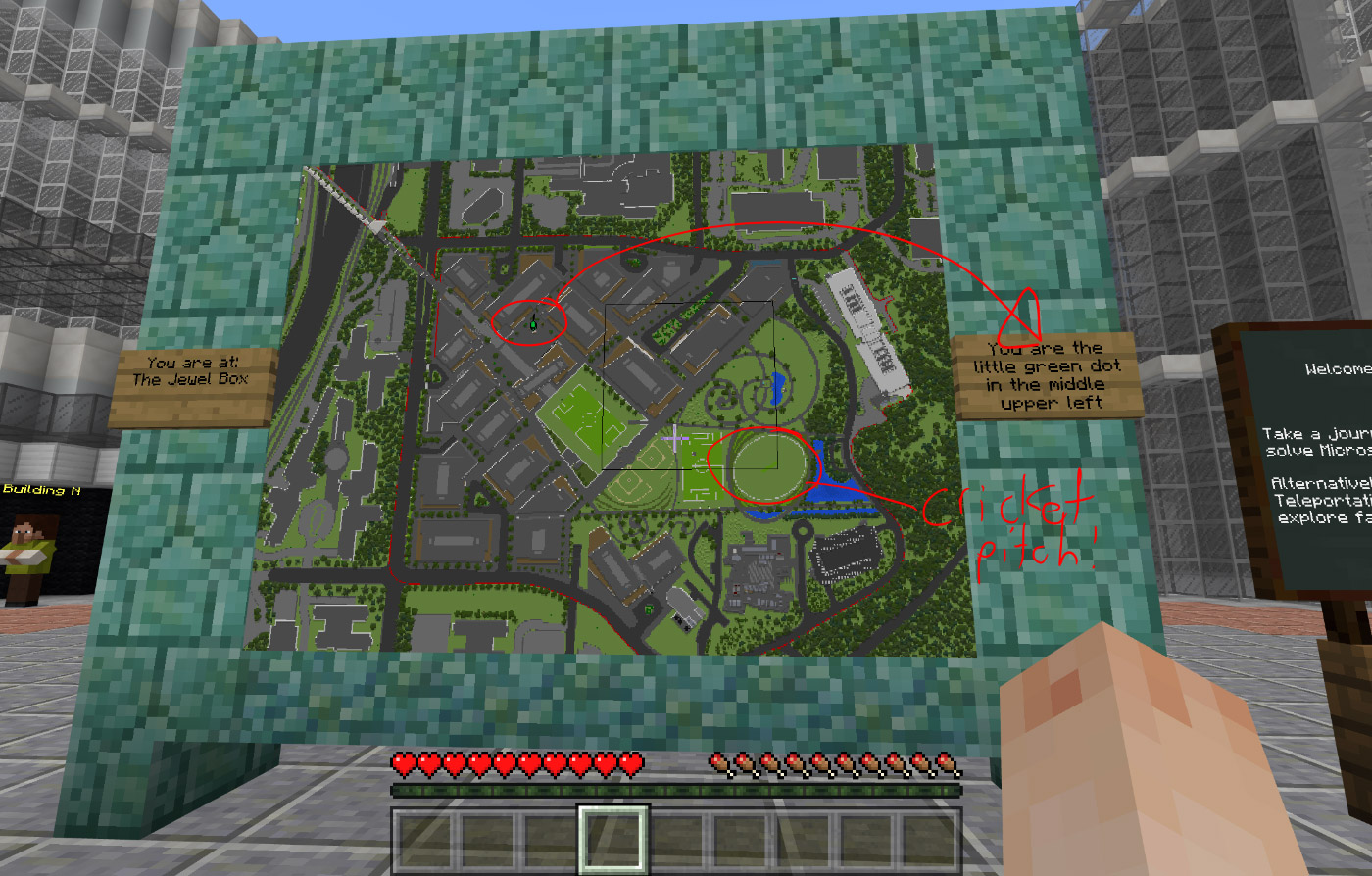 Screenshot of a player navigating the Minecraft model of Microsoft's Redmond campus