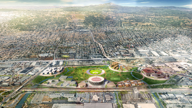 Rendering of Bjarke Ingels Group's design for the new Oakland Athletics stadium