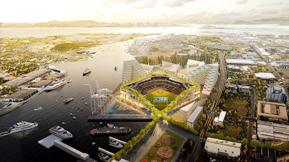 Rendering of Bjarke Ingels Group's design for the new Oakland Athletics stadium