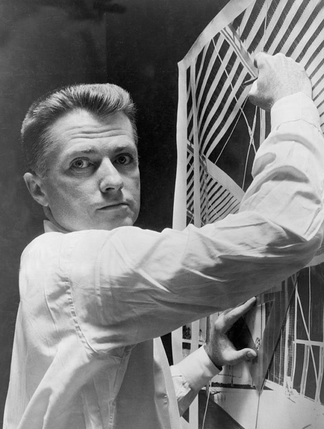 Photograph of Paul Rudolph working on the Umbrella House
