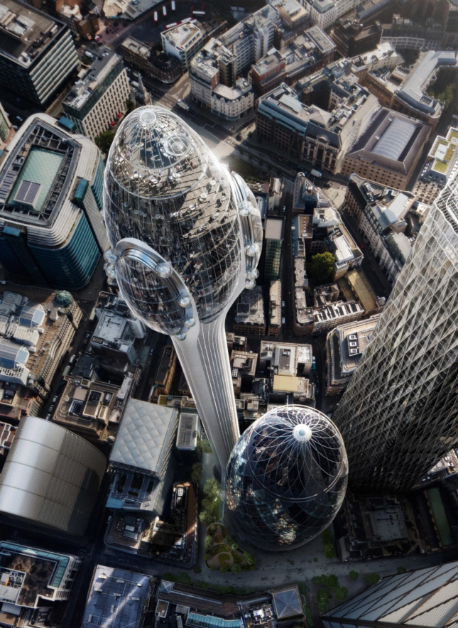 An overhead aerial rendering of The Tulip and the Gherkin.