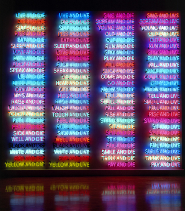 Installation view of the alternating One Hundred Live and Die, 1984, Bruce Nauman.