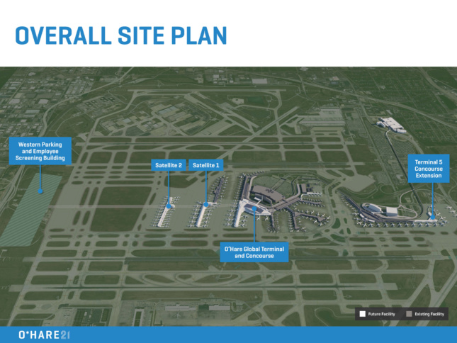 An aerial site plan showing how O'Hare 21 will alter the airport's footprint.