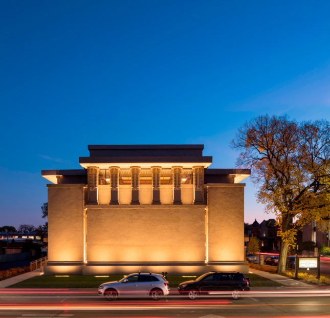 Photo of the restored Unity Temple designed by Frank Lloyd Wright