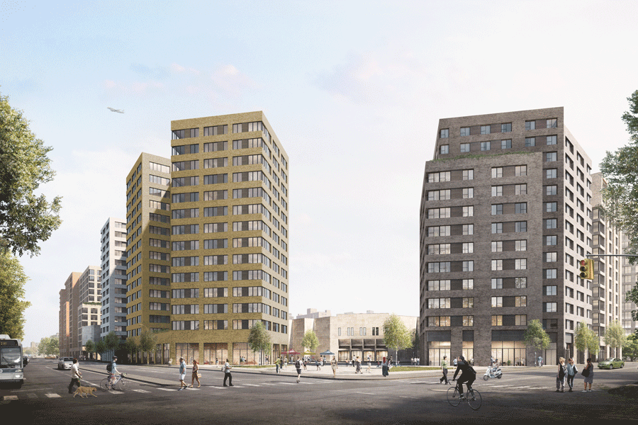 Rendering of Partnership for Architecture and Urbanism (PAU), Christian Cultural Center, and Gotham Organization's affordable housing development in East New York