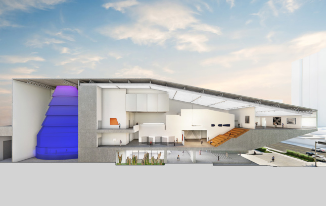 A cross-section of the BCF. Most of the building's "heft" has been pulled away from the ground level to create a cantilevering entrance lobby. James Turrell's Aten Reign can be seen towards the back.