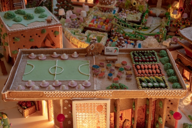 A gingerbread green roof and farm.