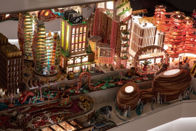 An overhead shot of the Gingerbread City, with ZHA's cookie concert hall at the bottom.