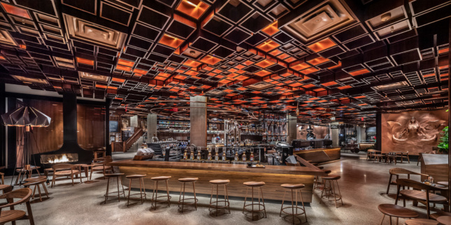 Starbucks Reserve Roastery New York The undulating ceiling pattern is meant to evoke roiling water.