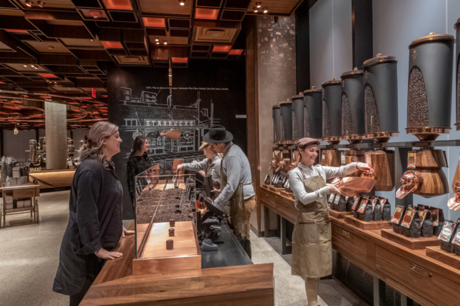 Starbucks Reserve Roastery New York Visitors buying beans at the "scoop bar."