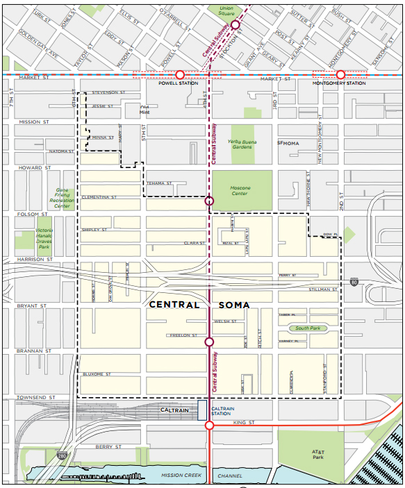 A map of the updated Central SoMa plan's boundaries. 