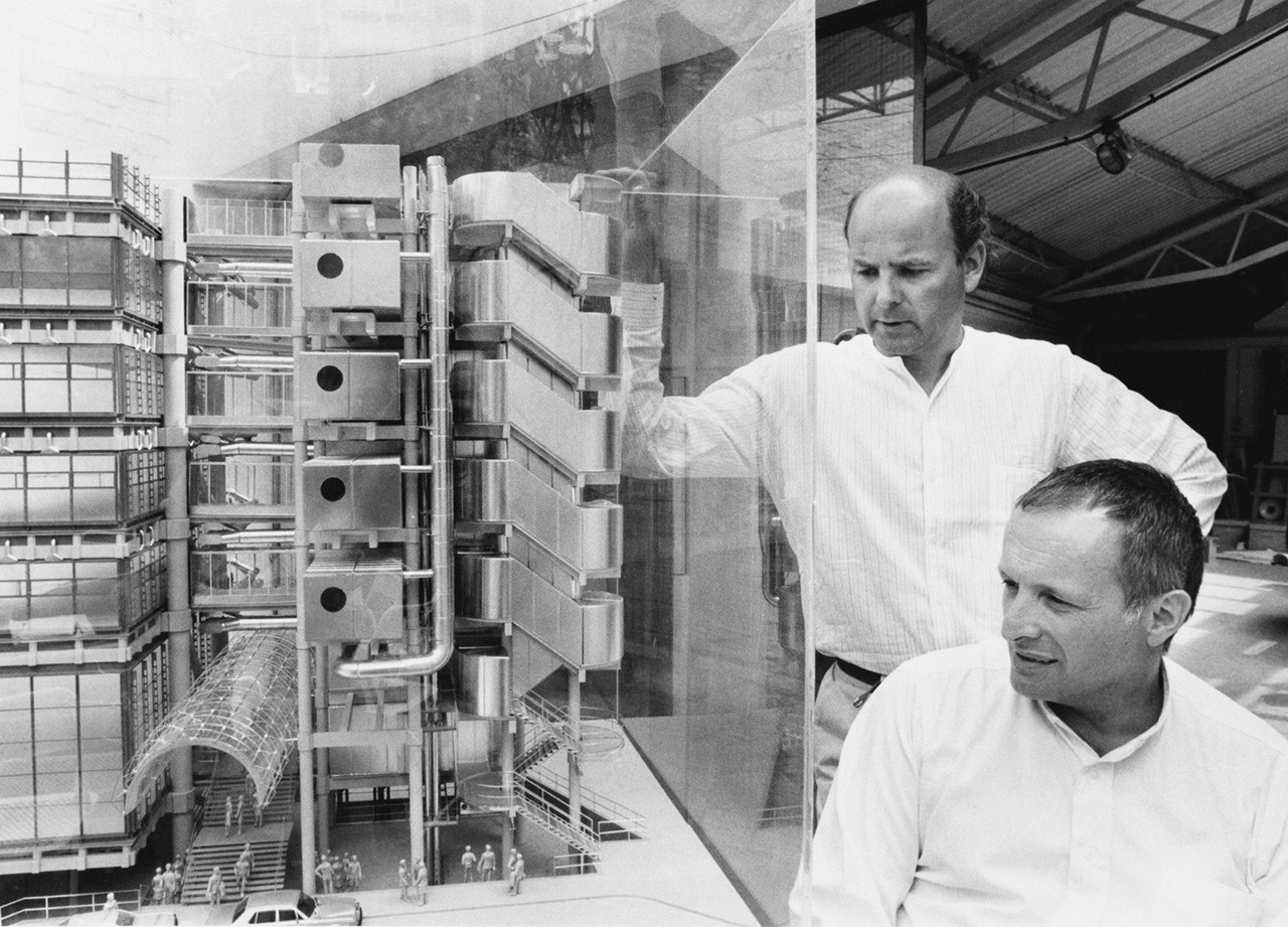 Richard Rogers looking at a model of the Centre Pompidou.