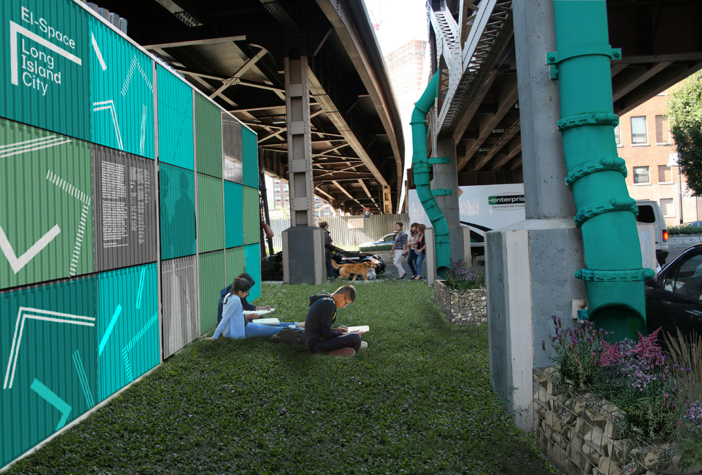 Rendering of a grass patch under elevated roadways