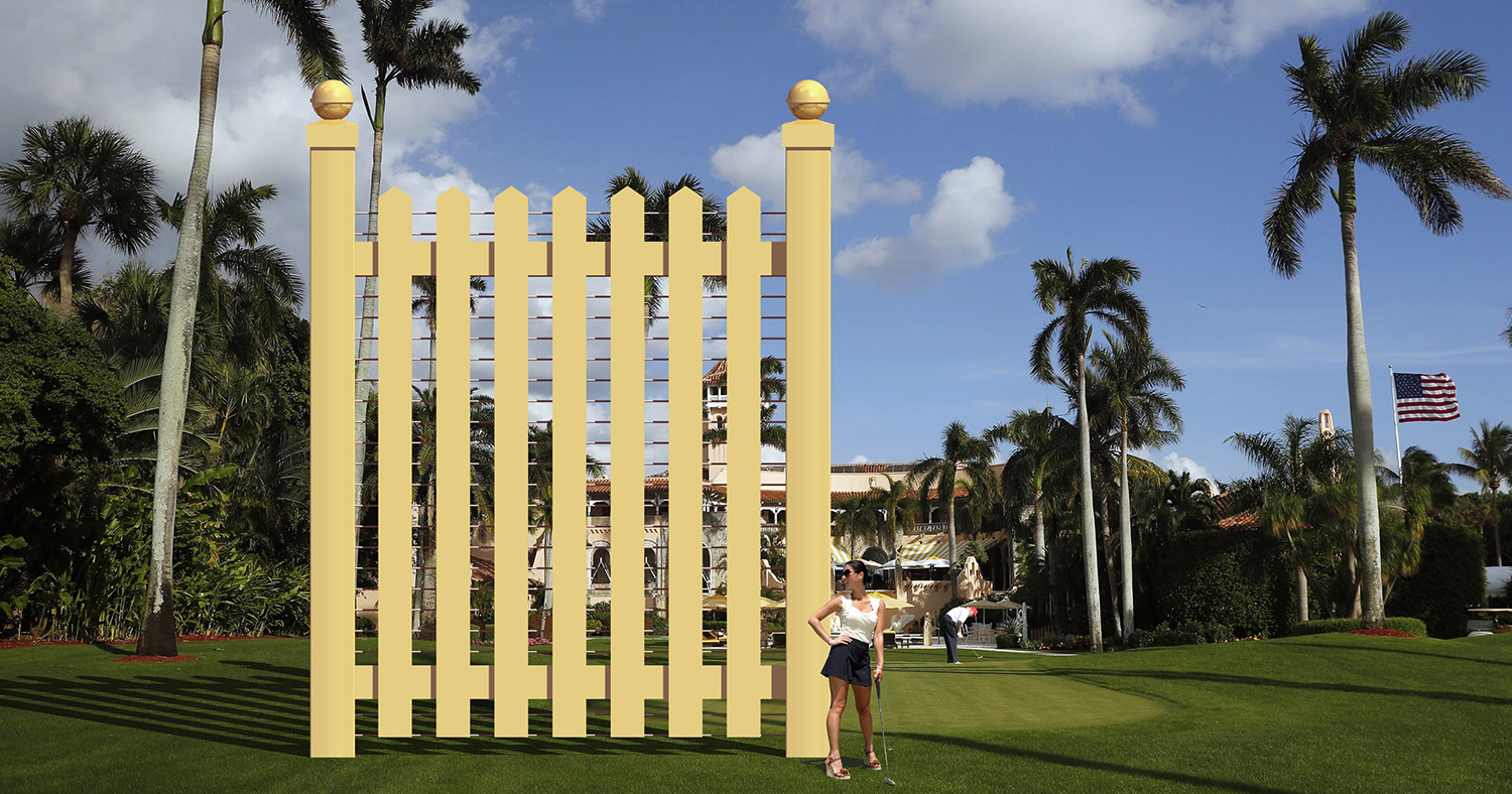 Rendering of a 30-foot-tall picket fence and golfer