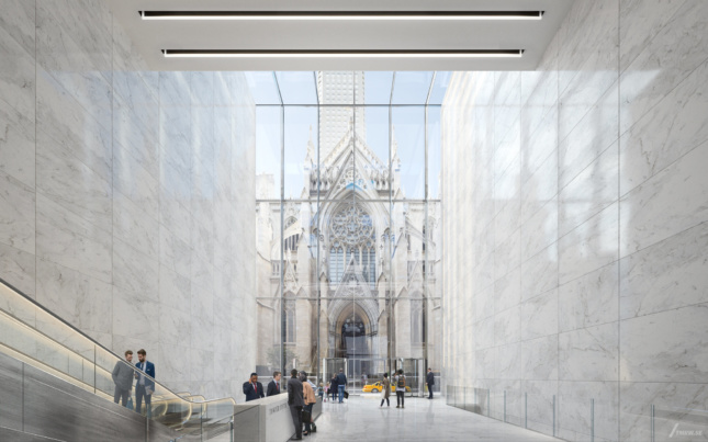 Rendering of Tower Fifth's marble lobby and church
