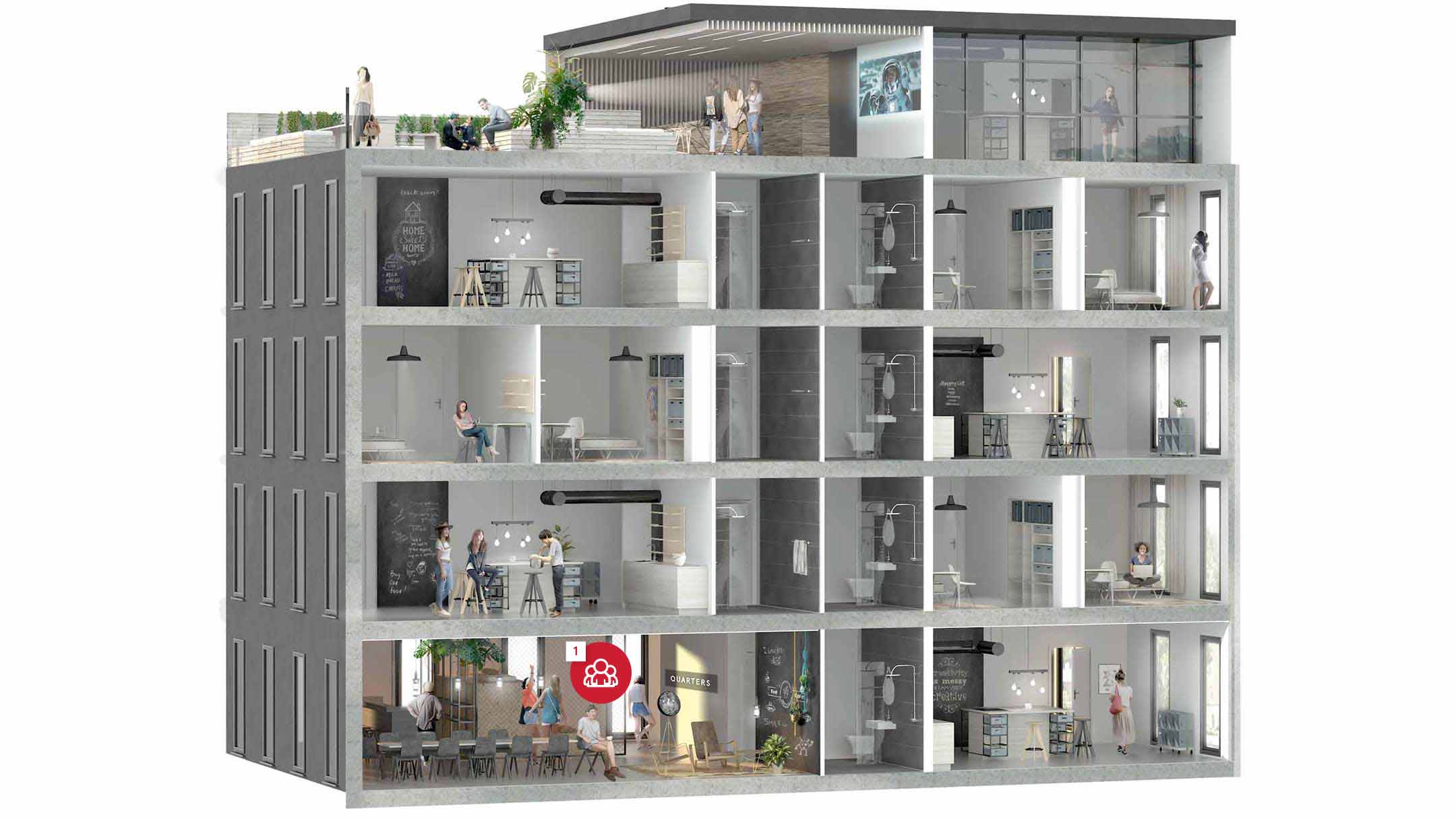 Sectional rendering of Quarters co-living development