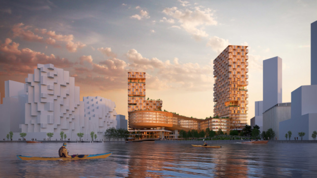 Rendering of timber towers from the water